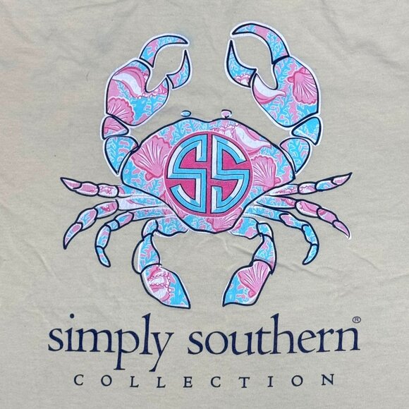 Simply Southern Collection XXL T-Shirt Blue Pink Crab Beige Beach Shirt READ - Picture 1 of 10